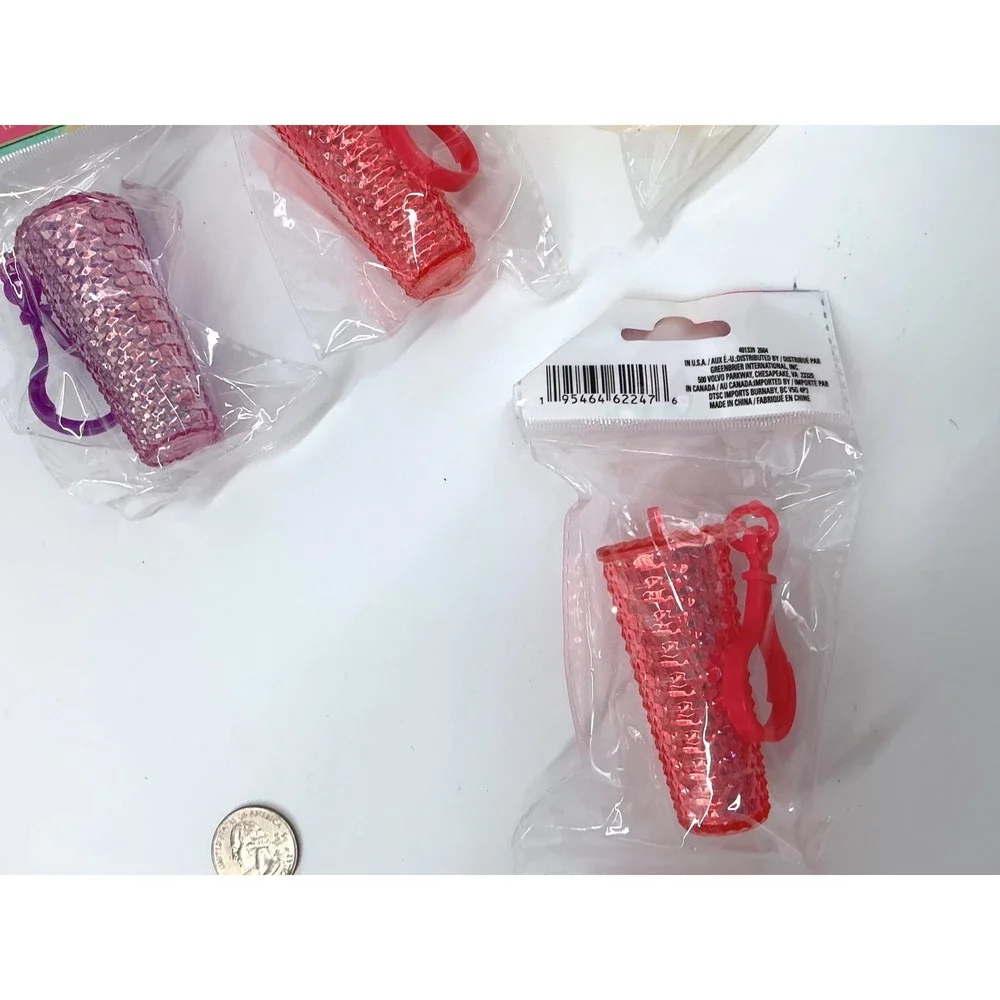 4pc Mini Drink Cup Keychain Set Studded Tumbler Style Bag Charms Multi Color-NEW